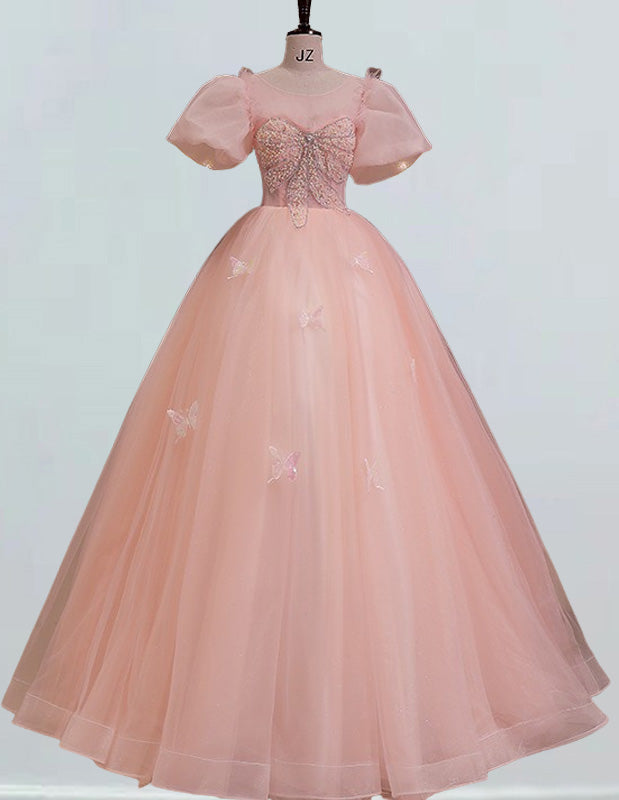 Elegant pink tulle prom dress with puff sleeves and beaded bodice for girls' formal events1