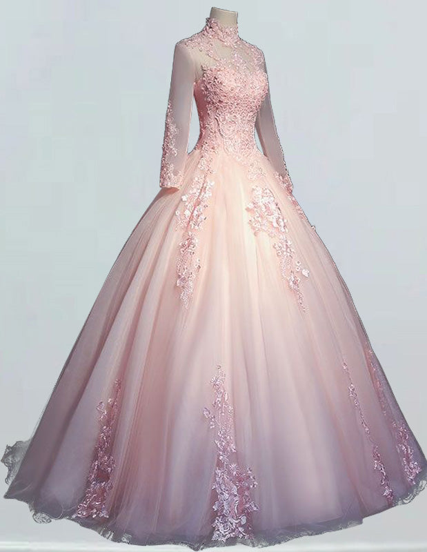 a pink ball gown with a high neck and long sleeves