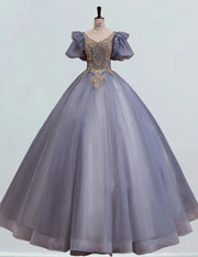 Blue Scoop Neck Gold Lace Beaded Ball Gown Prom Dress