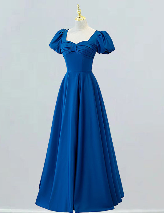 Elegant blue satin square neckline prom and evening gown for girls2 VIMYES