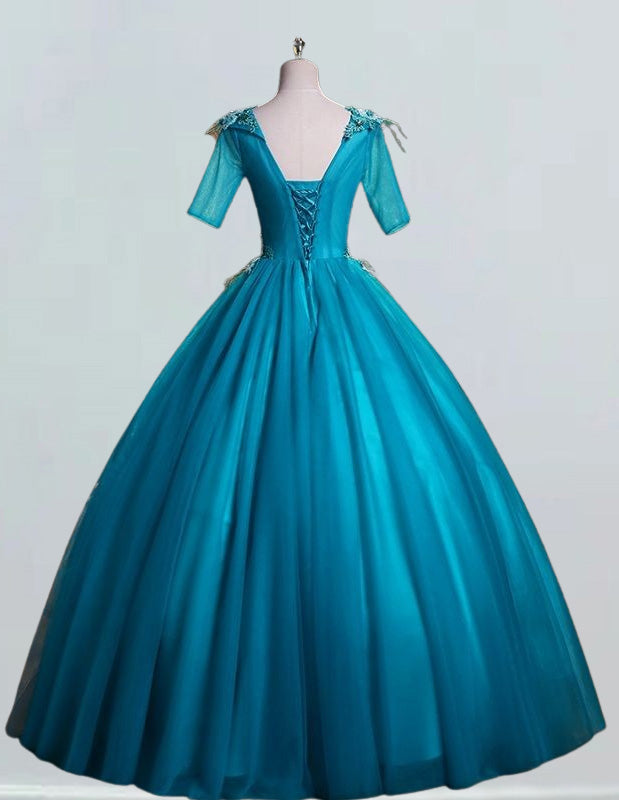 Elegant peacock blue V-neck tulle prom dress with lace applique for girls2