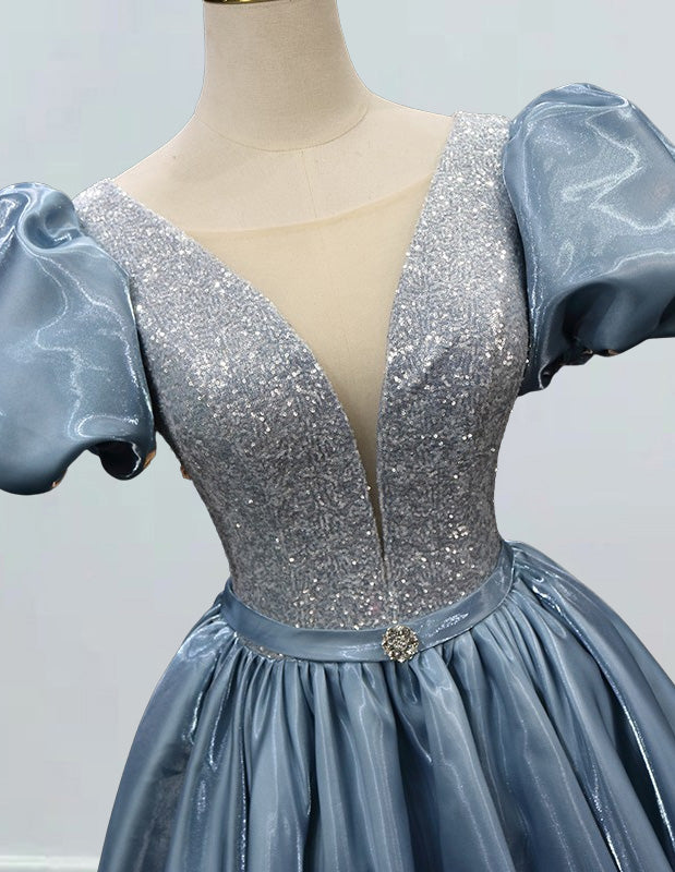 Elegant grayish blue sequin V-neck prom gown with puff sleeves for girls2