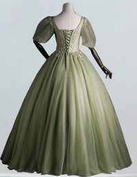 Sage Green Tulle Prom Dress with Lace Appliqué, Elegant Evening Gown for Girls3