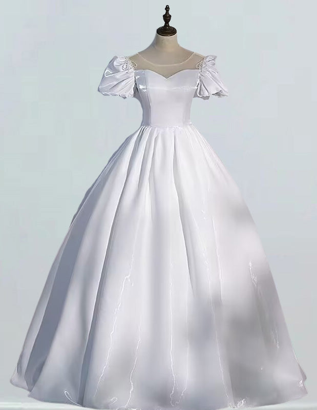 Ivory satin ball gown prom dress for girls, elegant evening bridal wear with off shoulder design and modest aesthetic1