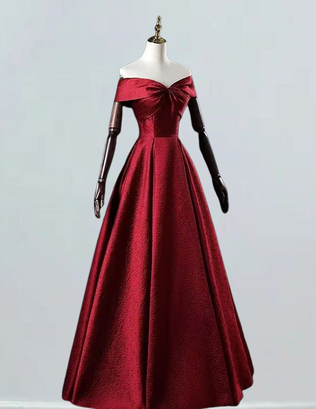 Burgundy off the shoulder satin prom ball gown with printed pattern, floor length evening dress, long plus size bridal gown for girls2