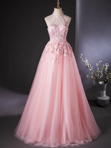 Pink Scoop 3D flower lace applique long tull ball gown