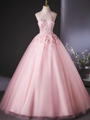 Pink Scoop 3D flower lace applique long tull ball gown