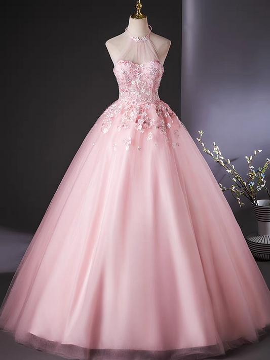 Pink Scoop 3D flower lace applique long tull ball gown VIMYES