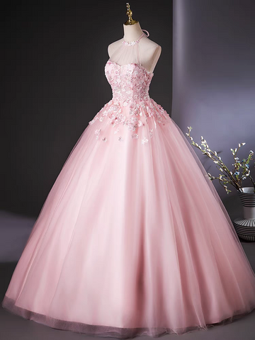 Pink Scoop 3D flower lace applique long tull ball gown