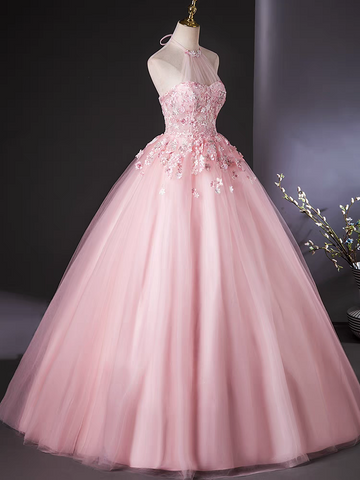 Pink Scoop 3D flower lace applique long tull ball gown