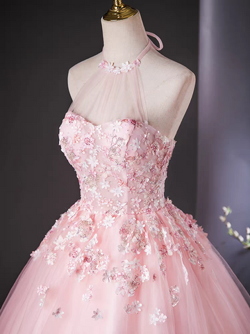 Pink Scoop 3D flower lace applique long tull ball gown