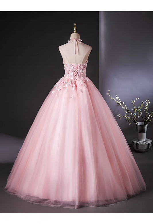 Pink Scoop 3D flower lace applique long tull ball gown VIMYES